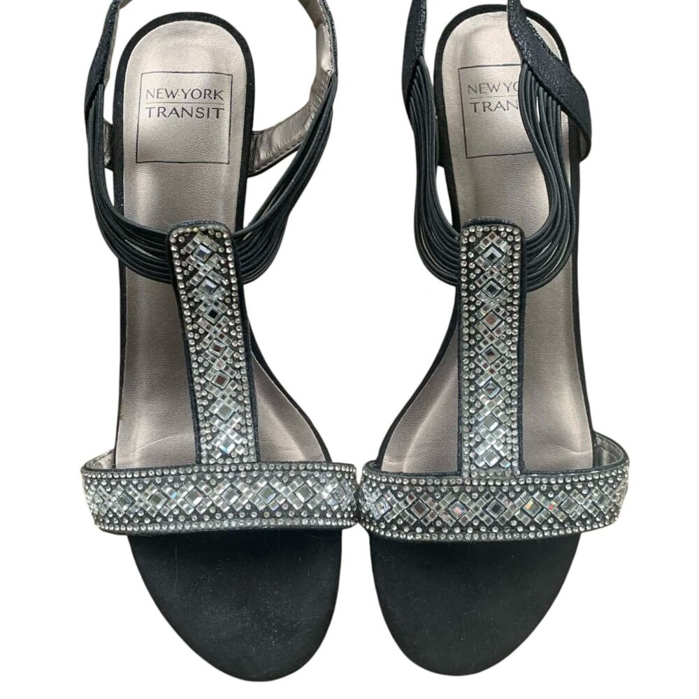 New York Transit Rhinestone Sandals Size 8 1/2M Silver Black Wedge